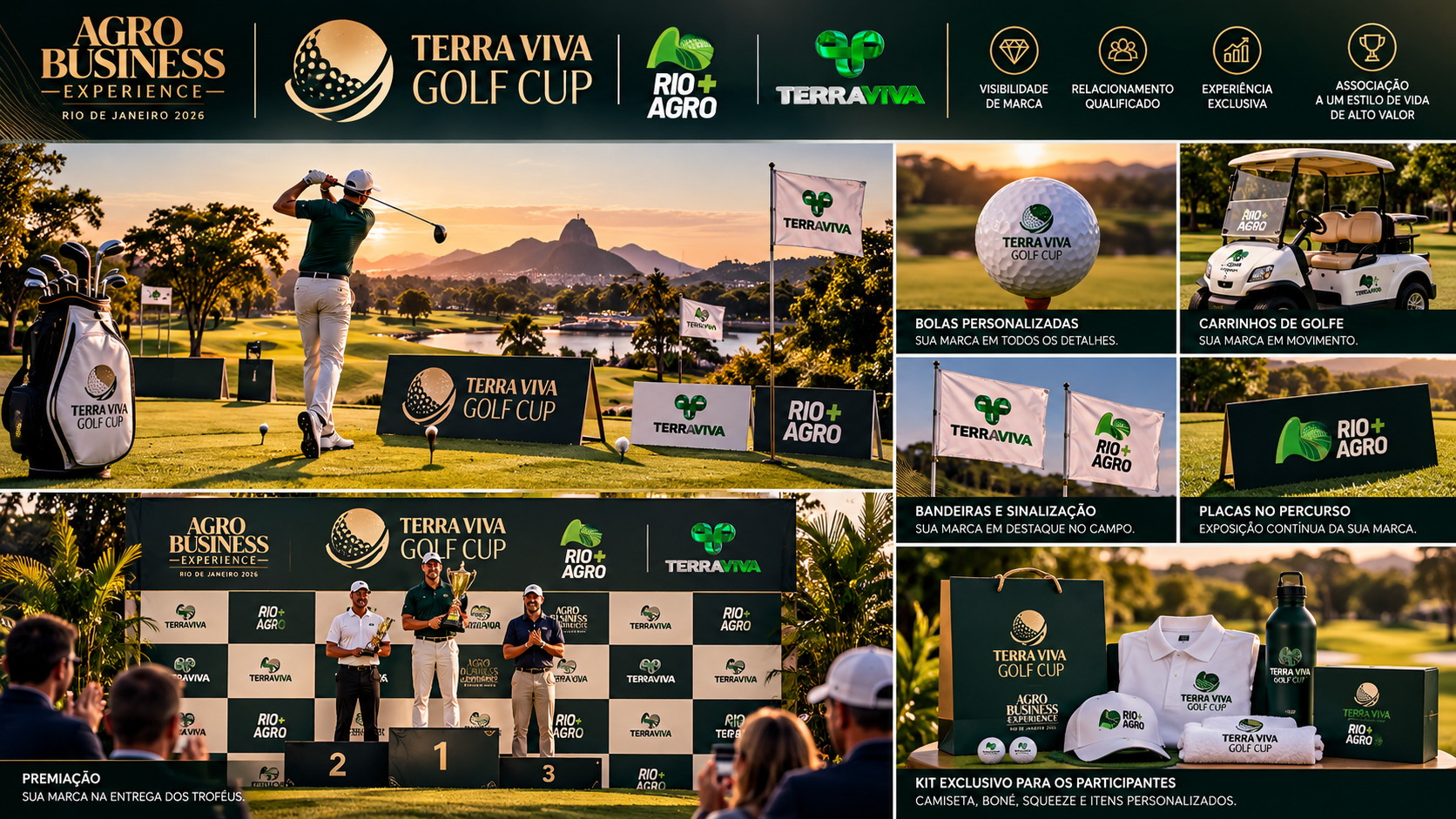 Terra Viva Golf Cup — premiação, bolas, carrinhos, bandeiras, placas no percurso e kit dos participantes