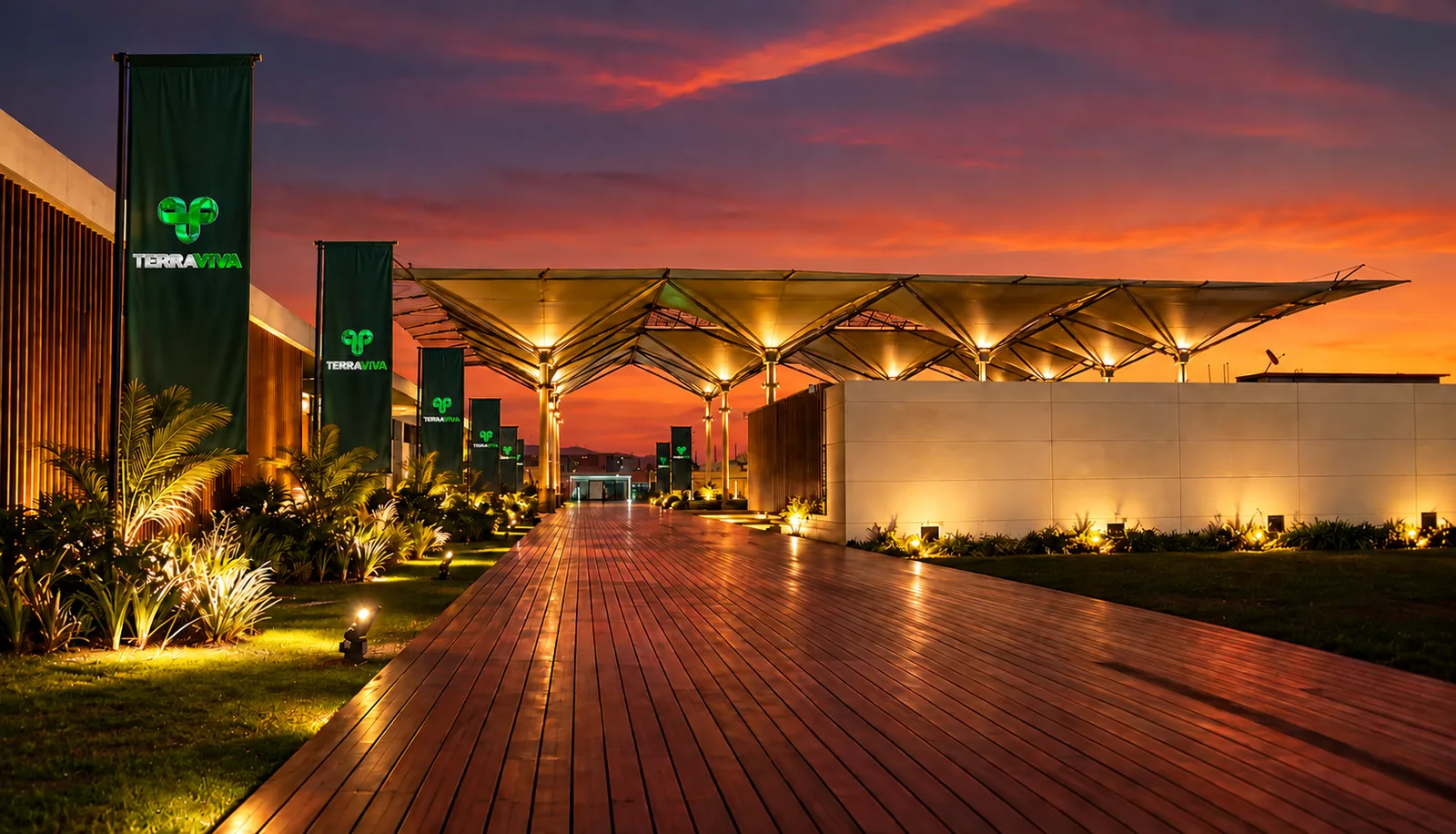 Imagem conceitual da entrada do evento Terra Viva ao pôr do sol