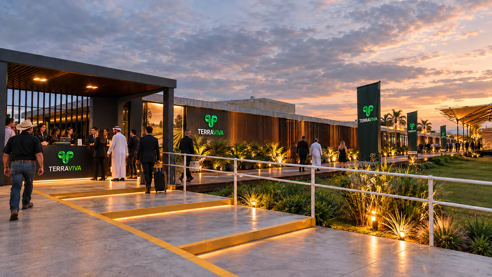 Imagem conceitual da entrada do Terra Viva Summit ao pôr do sol