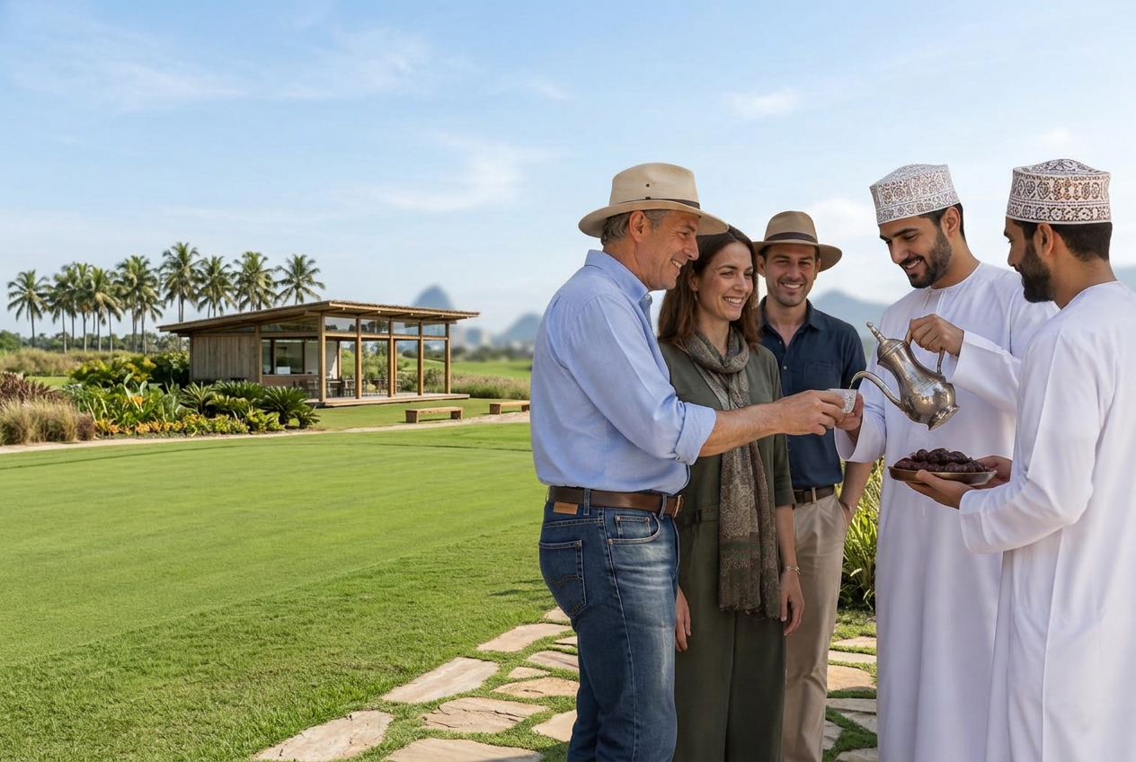 Imagem conceitual de produtores brasileiros e omanitas reunidos em um campo de golfe