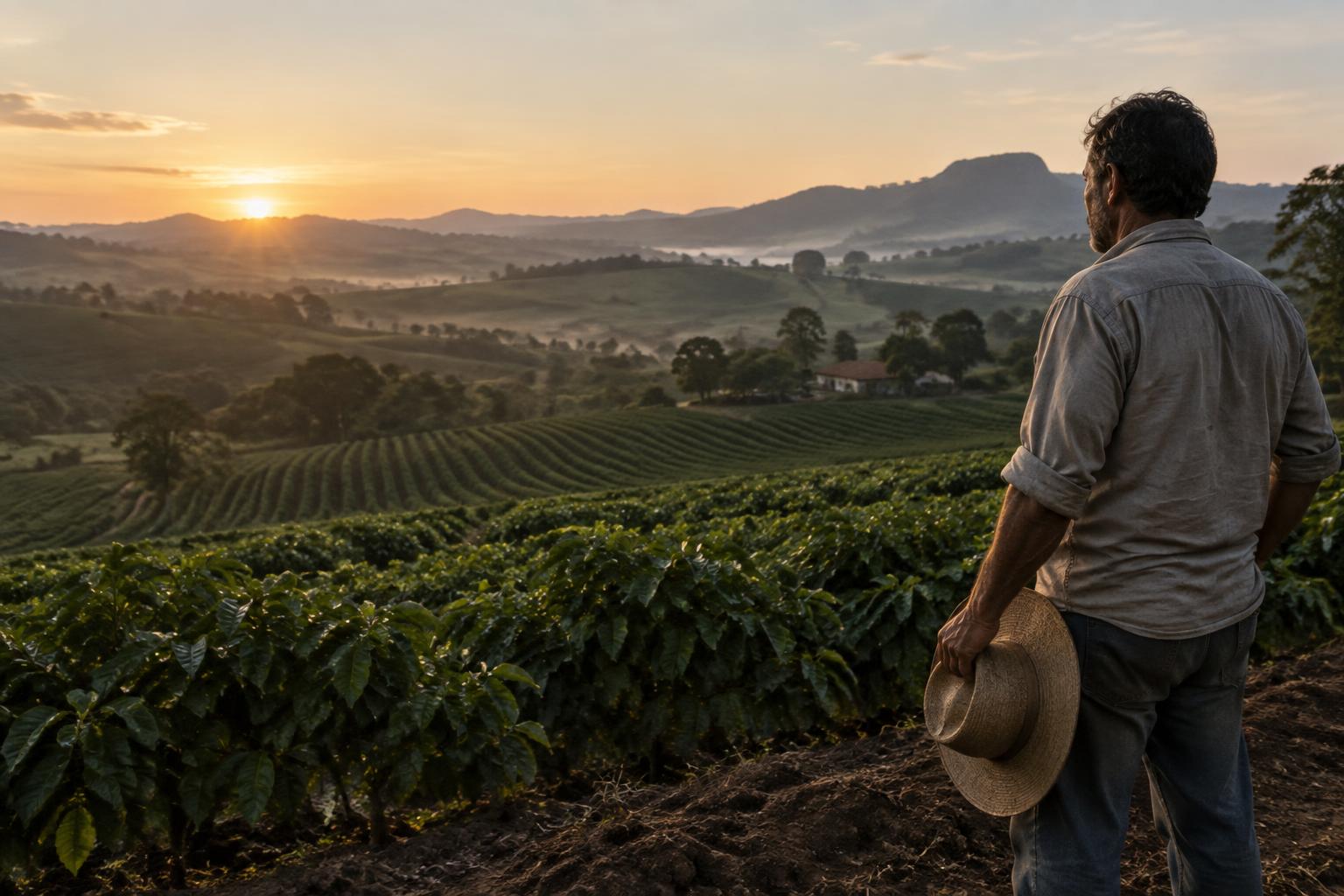Produtor rural em sua lavoura ao amanhecer