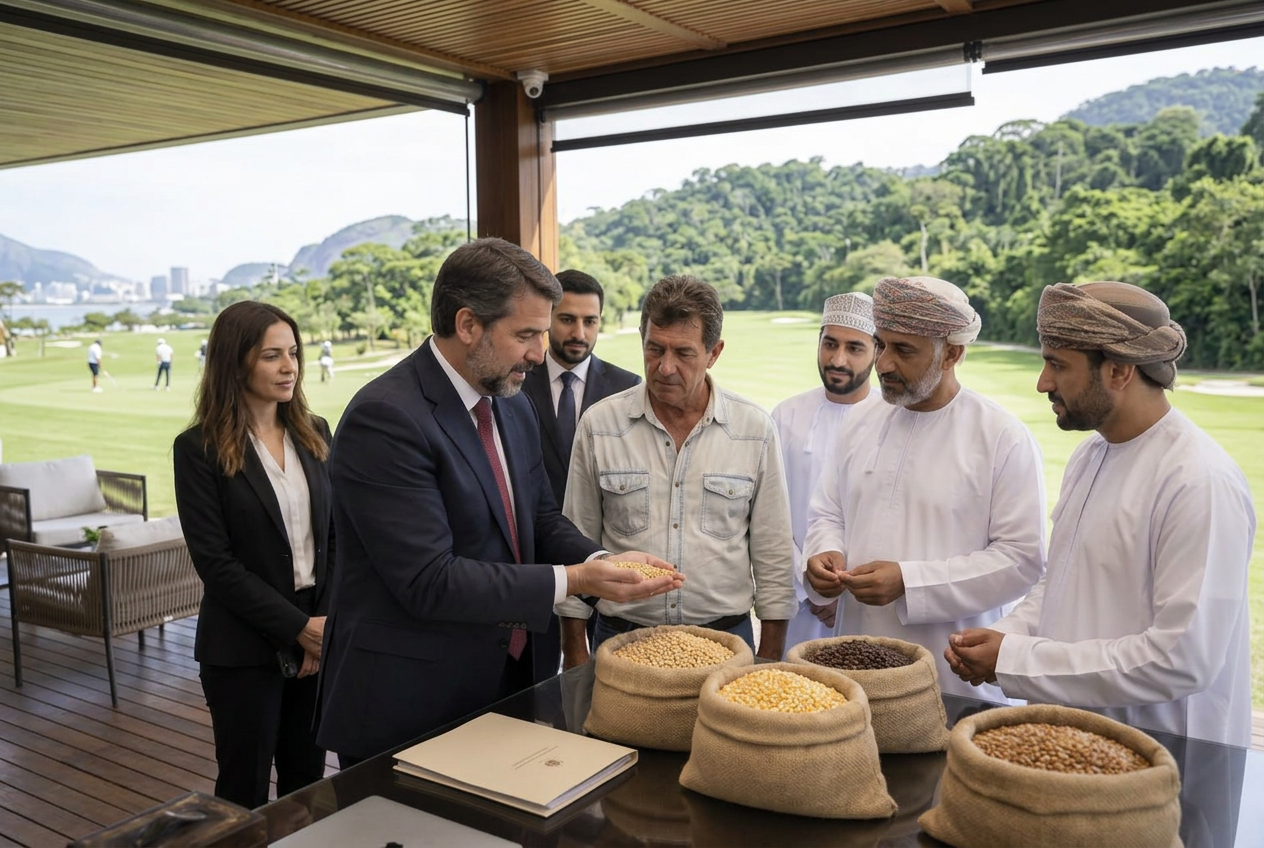 Imagem conceitual de produtor brasileiro e representantes de Omã negociando cereais em um campo de golfe