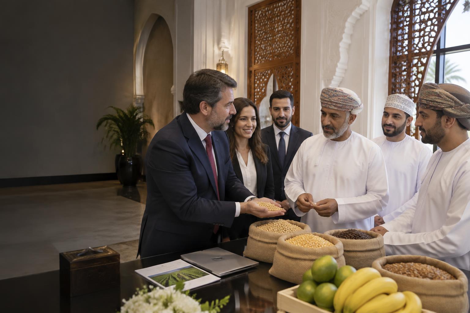 Representação visual de um encontro comercial entre brasileiros e omanitas