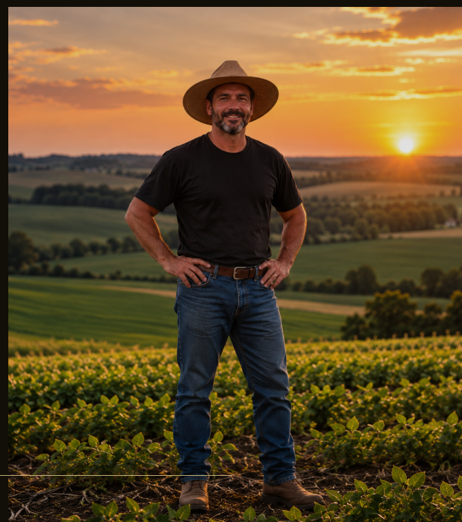 Produtor rural de chapéu e camisa sem logo em uma plantação ao pôr do sol
